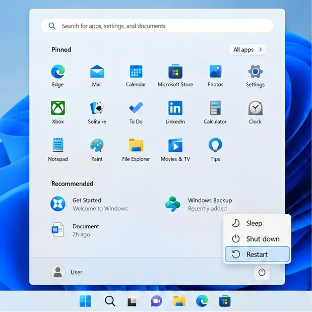 Windows 11 Start menu power menu with the Restart option selected