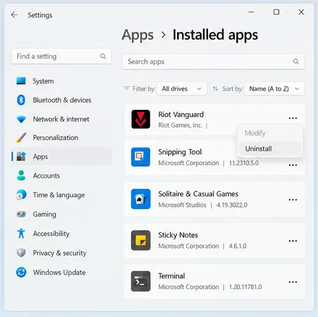 Windows 11 Installed apps page showing Riot Vanguard with the Uninstall command open