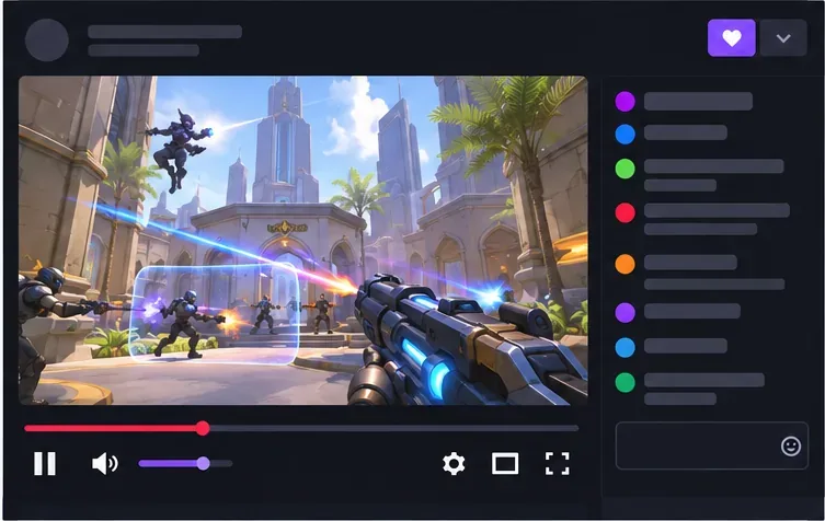 Illustrative live-stream player showing a hero-shooter match, video controls, and a separate chat column