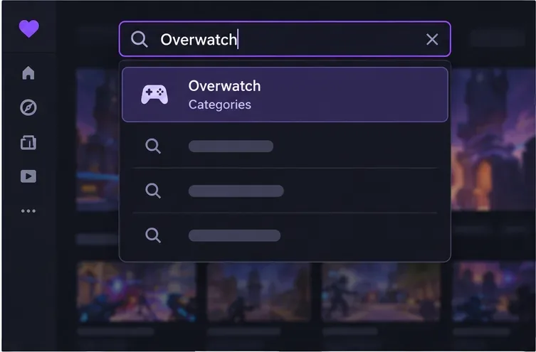 Illustrative Twitch-style search menu with Overwatch entered and the Overwatch Categories result visible