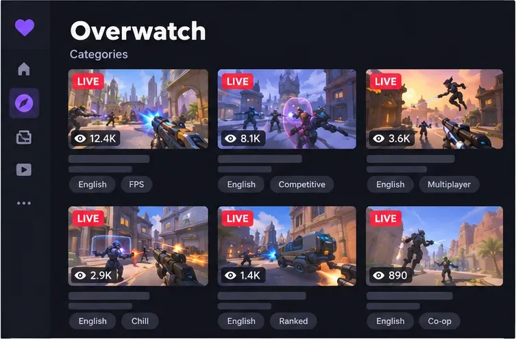 Illustrative Overwatch live directory with stream cards, live markers, viewer counts, and sample language and category tags