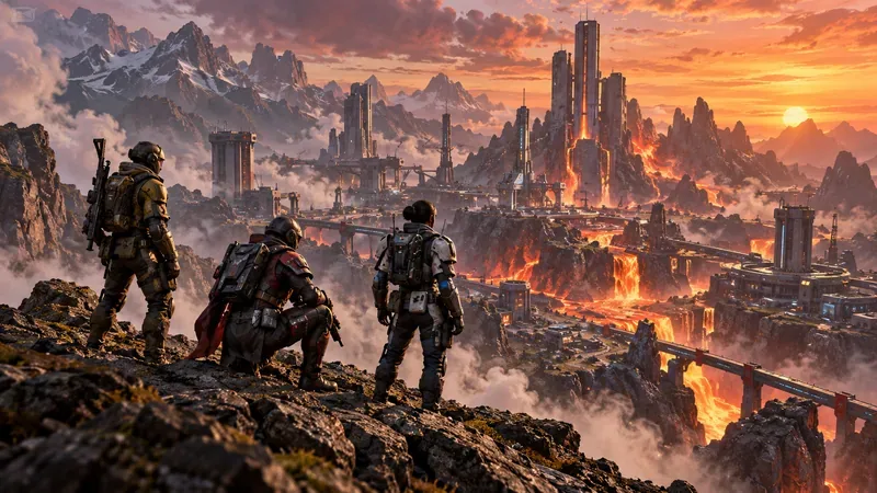 Três combatentes blindados anônimos observam uma arena industrial vulcânica ao entardecer.