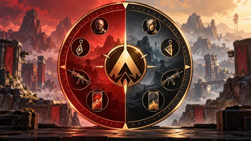 Um calendário circular dividido em duas partes com símbolos de recompensa ao redor de um emblema central de estação do ano.