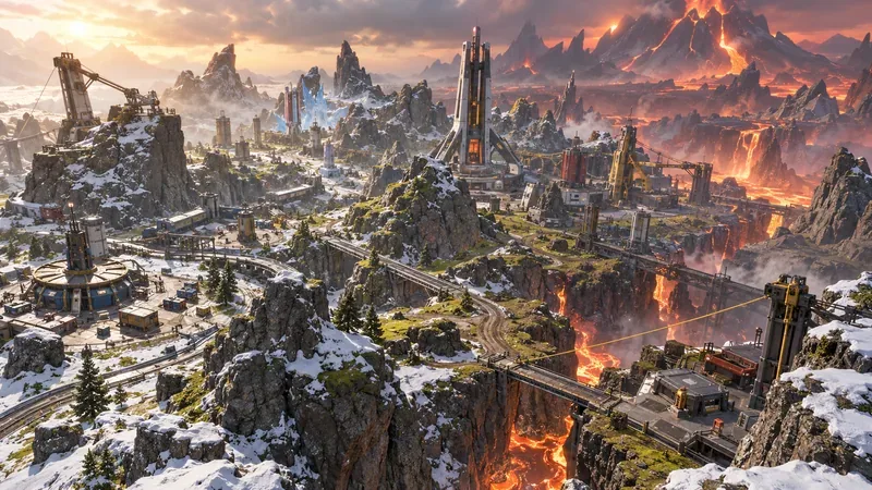 Vista panorâmica de uma área vulcânica com pontos de interesse industriais, rotas e tirolesas.