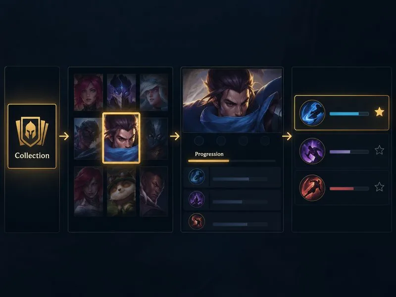 Navegação simplificada do cliente da Coleção para a página de Progressão de um campeão, e a estrela usada para destacar um Eterno.