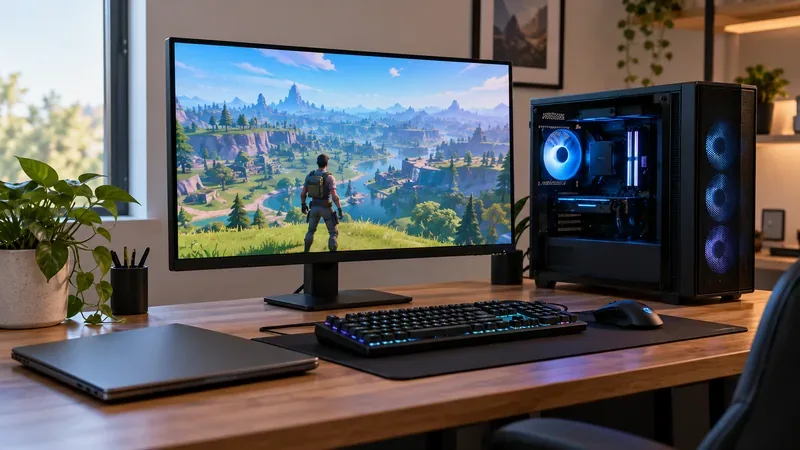 Computador de mesa para jogos com torre iluminada por RGB, monitor widescreen exibindo uma cena colorida de um jogo em uma ilha, teclado, mouse e laptop fechado.