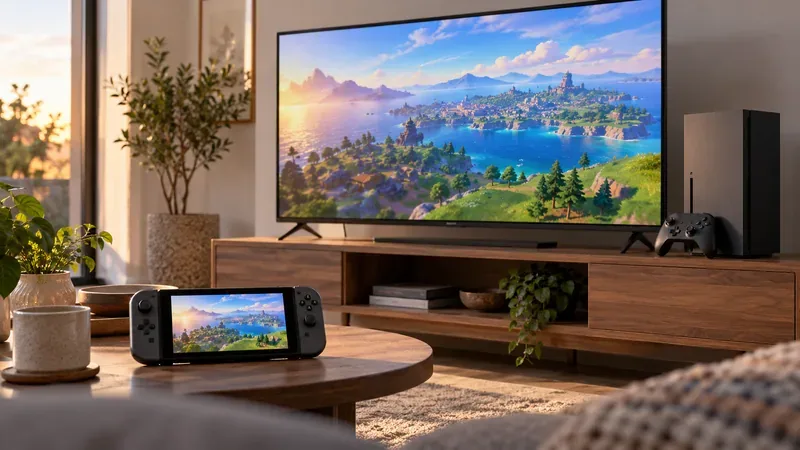 Televisão na sala de estar, console e controle genéricos e um dispositivo portátil de jogos exibindo cenas coloridas de uma ilha.