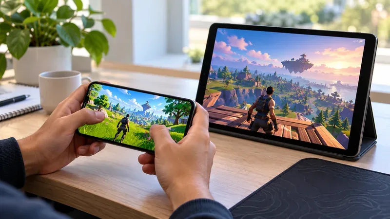 Mãos segurando um smartphone ao lado de um tablet, com ambas as telas exibindo cenas coloridas de um jogo de ilha.
