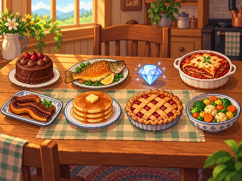 農家の食卓に並べられた、チョコレートケーキ、魚料理、ダイヤモンド、ナスのキャセロール、ウナギのフライ、パンケーキ、ルバーブパイ、野菜の盛り合わせをピクセルアートで描いた静物画。