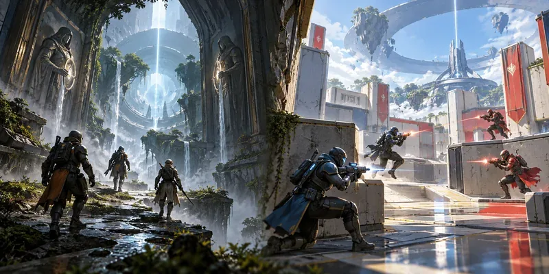 Uma cena dividida em duas partes combina um pequeno esquadrão cooperativo explorando uma grande ruína com uma luta competitiva em equipe em uma arena futurista.
