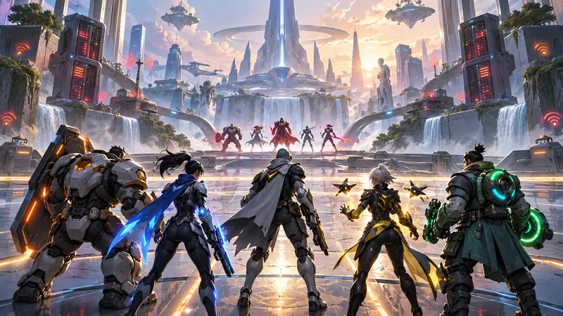 Cinco heróis anônimos de ficção científica enfrentam um esquadrão adversário em uma arena futurista e vibrante, representando a transição para equipes de cinco jogadores.