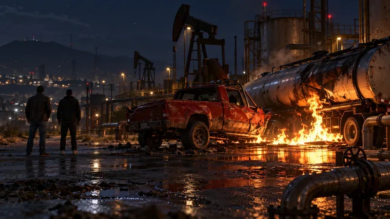 Uma caminhonete e um caminhão-tanque danificados queimam em um campo petrolífero industrial durante a noite, com duas figuras observando à distância.