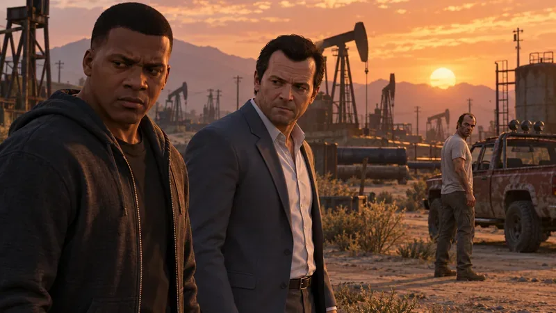 Franklin e Michael estão em um campo de petróleo enquanto Trevor espera ao lado de uma caminhonete ao entardecer.