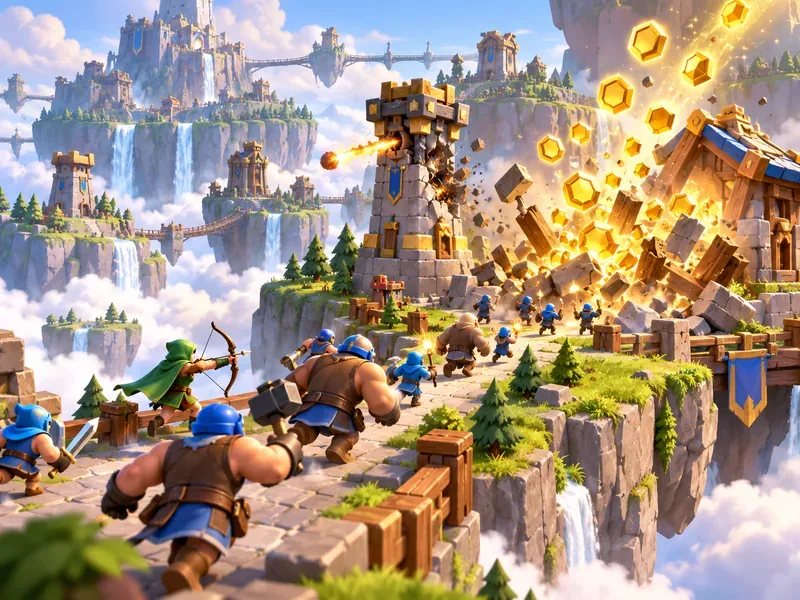 Fantasy troops advance across a floating district as a defensive tower breaks apart and gold shines among the rubble