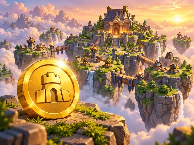 A large gold coin with a fortress emblem in front of a fortified floating island capital