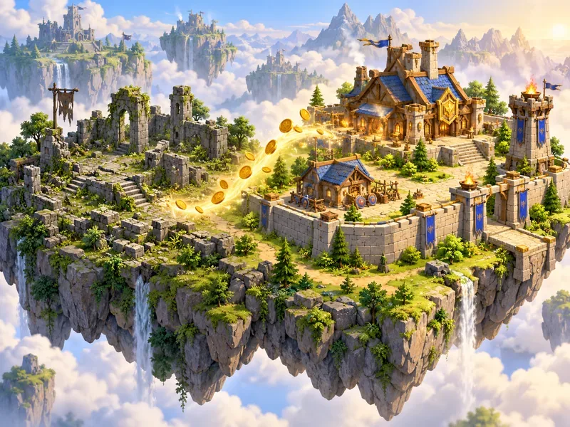 Moss-covered district ruins on one side become a rebuilt fortified hall and towers as gold coins arc between them