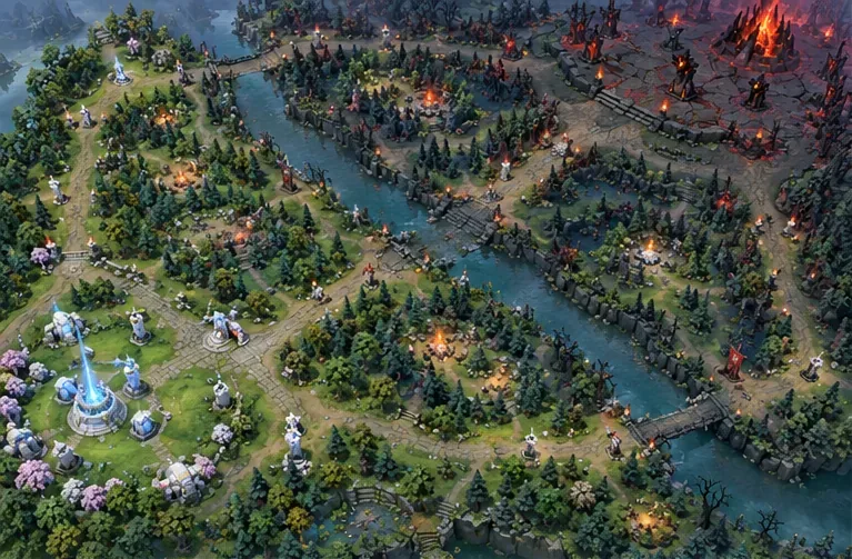 Изометрическое фэнтезийное поле боя в жанре MOBA с рекой между зелёной и красной сторонами, лесистыми участками и дорогами, соединяющими их базы.