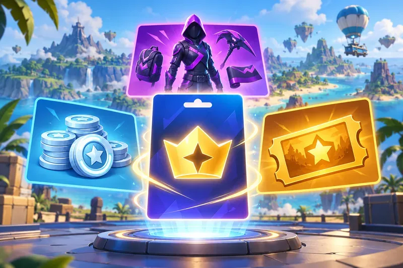 Um cartão de membro fictício de um jogo, cercado por uma roupa cosmética, moedas e um ingresso.