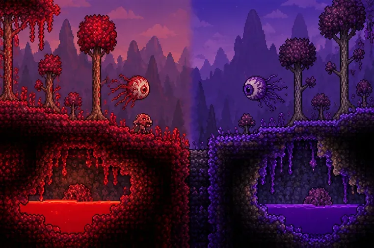 Pixel-art landscape divided between red Crimson terrain and purple Corruption terrain with hostile flying creatures
