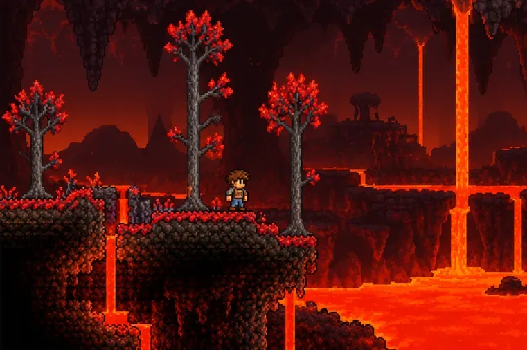 Pixel-art adventurer standing among Ash trees on a rocky platform above Underworld lava