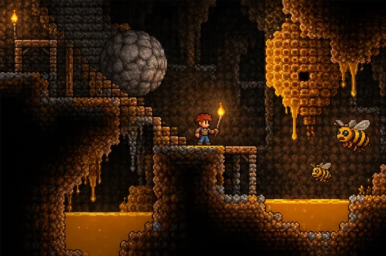 Pixel-art explorer carrying a torch near a rolling stone boulder, honey pools, a hive, and flying bees in an underground cavern