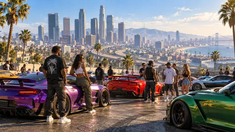 Avatares originais de jogadores se reúnem ao lado de carros esportivos personalizados em um encontro de carros inspirado na ensolarada cidade de Los Santos.