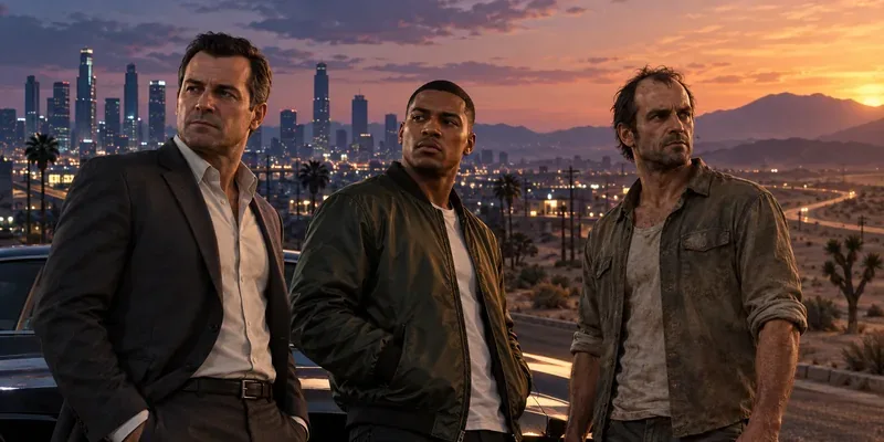 Três personagens masculinos fictícios distintos que representam a estrutura narrativa de GTA V: um homem mais velho de terno, um jovem negro com jaqueta bomber e um homem robusto com roupas surradas.