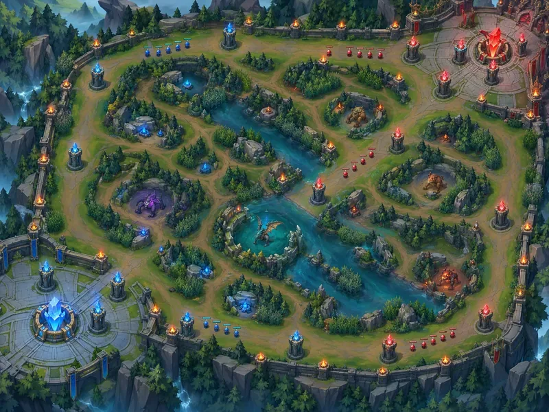 Mapa MOBA de fantasia com visão aérea, apresentando duas bases opostas, três rotas, um rio central, acampamentos na selva, torres e marcadores de equipe azul e vermelha.