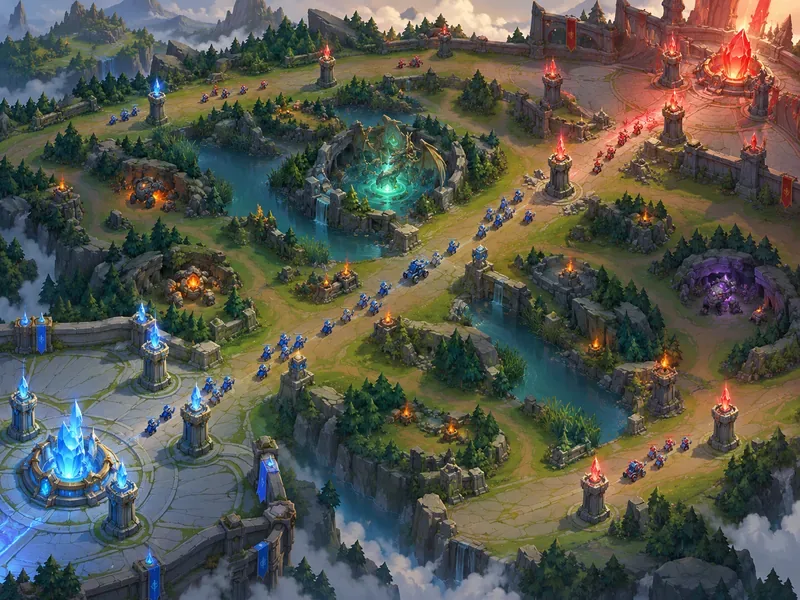 Campo de batalha de um jogo de estratégia de fantasia mostrando duas bases, ondas de lacaios avançando, torres defensivas e uma rota aberta em direção a um objetivo de base inimiga brilhante.