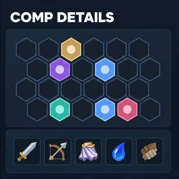 Tabuleiro hexagonal simplificado com marcadores de unidades coloridos acima de uma linha de ícones de itens.