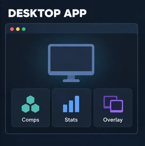 Janela complementar conceitual para desktop com blocos de recursos rotulados como "Comps", "Stats" e "Overlay".