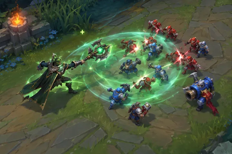 A spellcaster sweeps green magical energy through a group of opposing red and blue minions on a stone lane.
