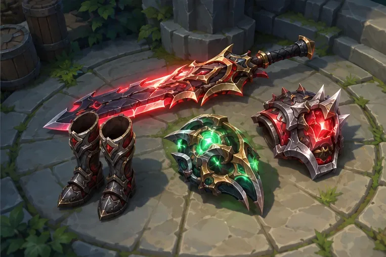 Close-up of fantasy combat gear on a stone surface: armored boots, a red blade, a green-glowing artifact, and a heavy metal helm.