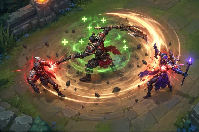 A melee combatant sweeps a broad arc through two enemy champions while green healing effects circle the attacker.