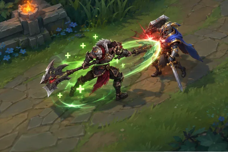Armored melee fighter strikes an opponent on a stone lane, with green healing effects around the attacker.