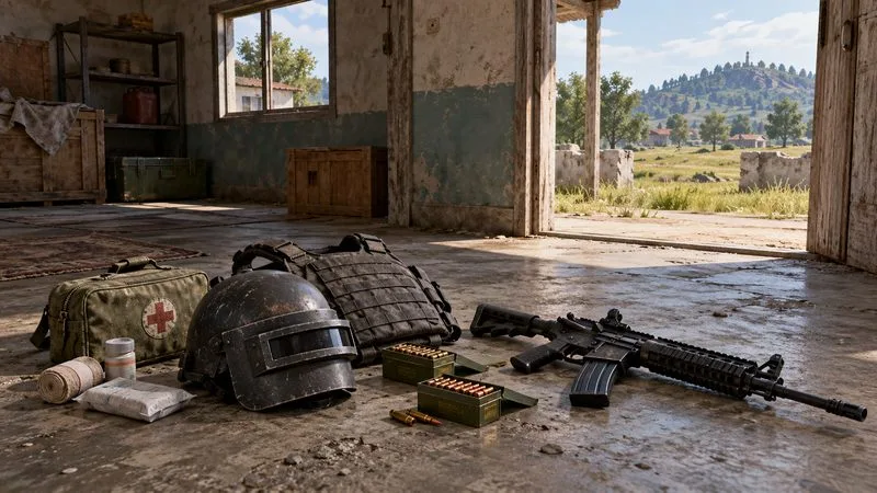 Um capacete, um colete à prova de balas, um fuzil, munição, bandagens e uma bolsa médica dispostos dentro de um edifício rural.