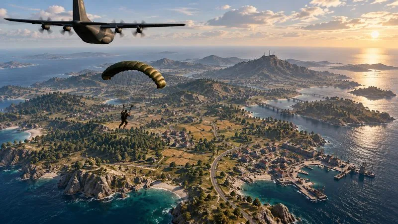 Um avião de transporte e um paraquedista sobrevoando uma grande ilha com estradas, cidades, colinas arborizadas e litoral.