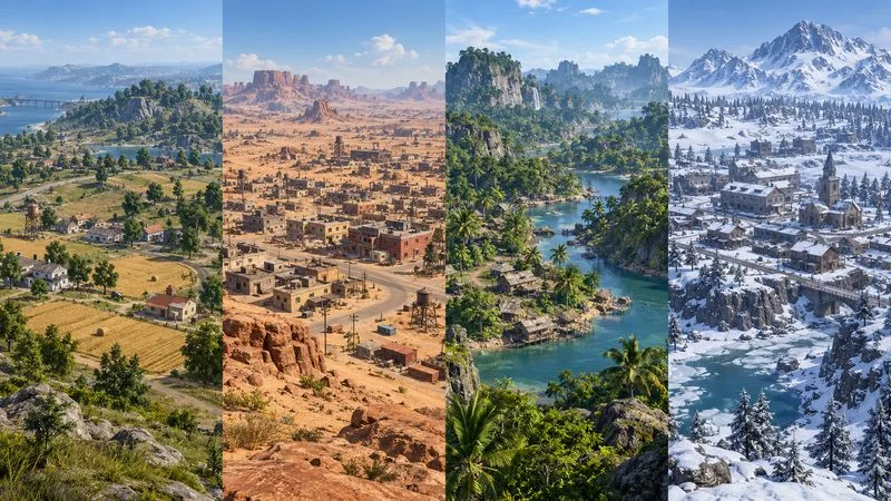 Quatro paisagens lado a lado mostrando campos de clima temperado, uma cidade no deserto, terreno fluvial tropical e um assentamento nevado.