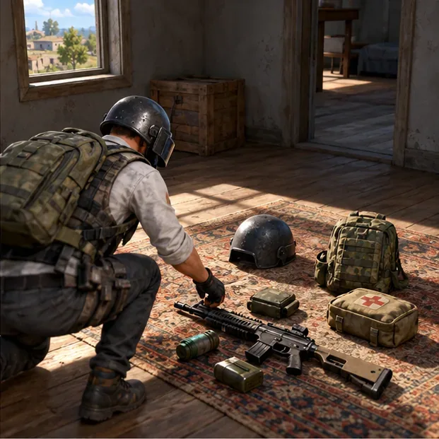 A player inspects a rifle, helmet, backpack, and medical supplies inside a building