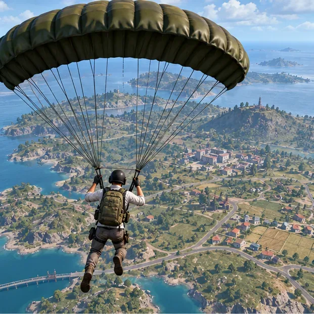 A parachuting player descends toward a coastal island with fields, roads, and buildings
