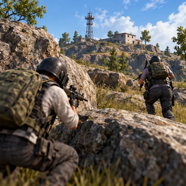 Two teammates move from behind a rocky outcrop toward a ridge with buildings