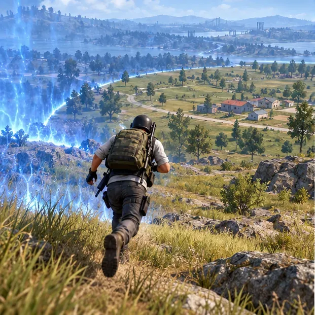 A player runs away from a glowing blue boundary toward buildings inside the safe area