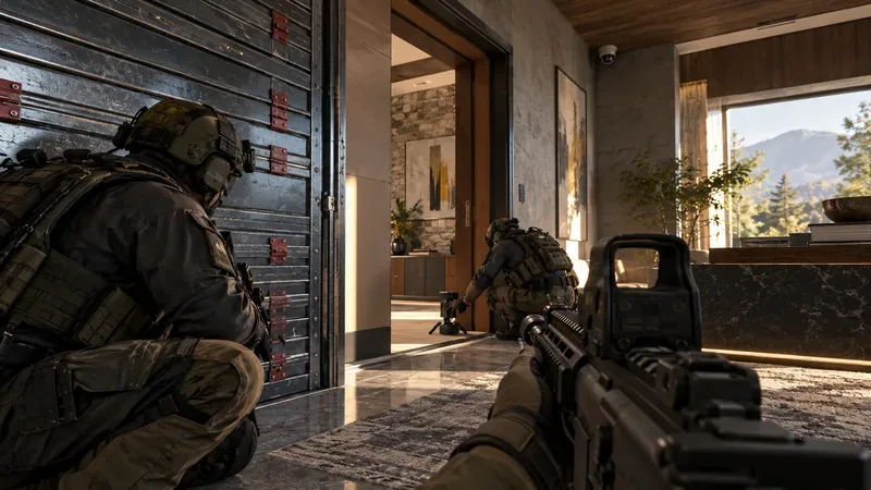 A defender crouches beside a reinforced wall while a teammate prepares a small gadget near a doorway.
