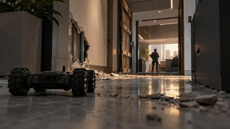A small wheeled drone scouts a damaged office corridor toward a distant defender.