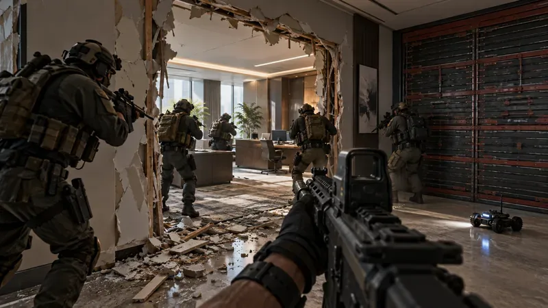 A first-person view of attackers moving through a breached soft wall beside a reinforced wall, with a scouting drone on the floor.