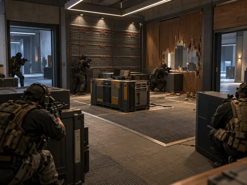 Several defenders use cover around an objective room, with a damaged wooden panel and a reinforced metal wall visible.