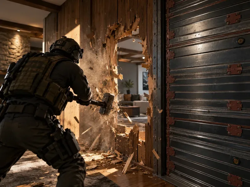 An attacker breaks through a wooden interior wall beside a closed reinforced metal wall.