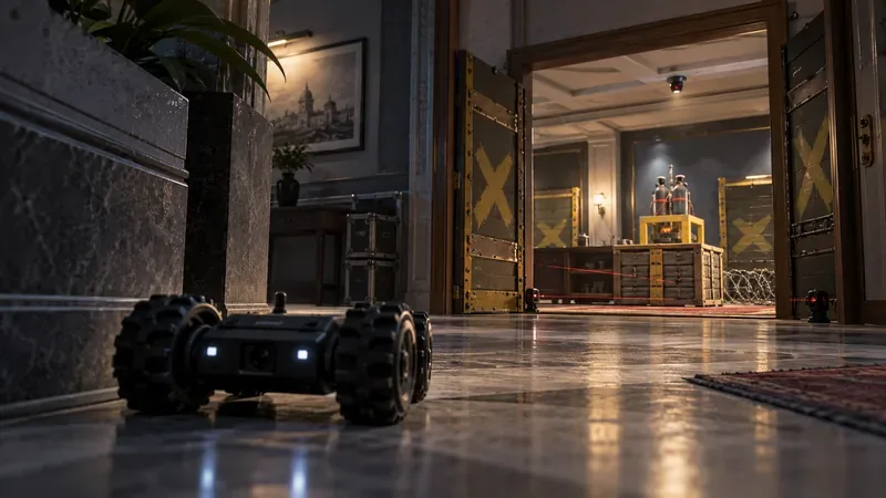 A small wheeled camera drone scouts a fortified objective room through an open doorway
