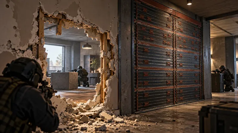 A breached drywall opening beside an intact reinforced metal wall as operators watch from cover