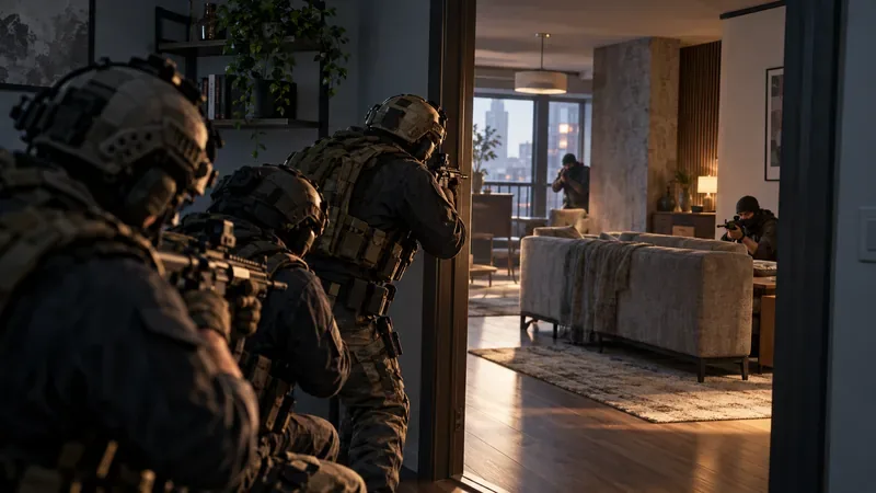 Fictional tactical operators approach a doorway into a modern apartment where defenders hold cover